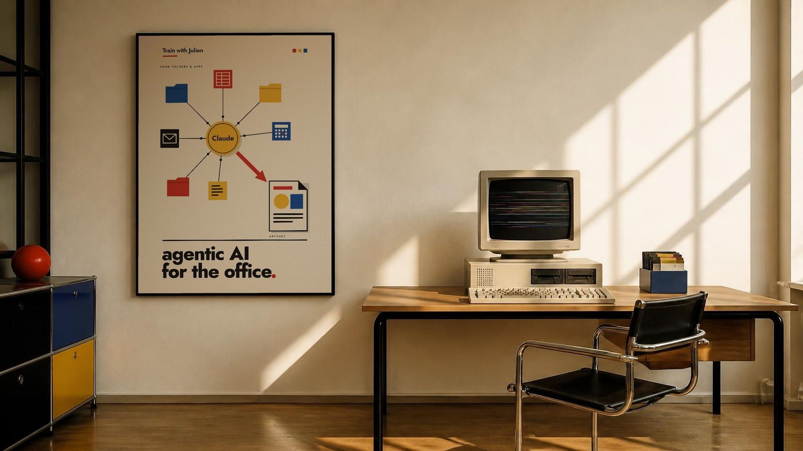 Sunlit office with a framed Agentic AI for the office poster
